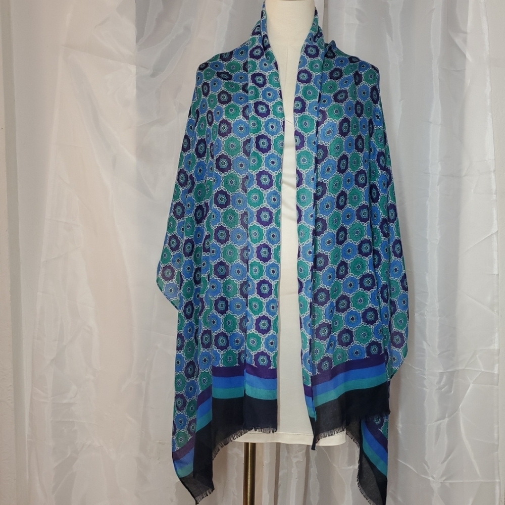 Cotton Scarf Shawl Wrap Top Skirt Blue Floral Beach Cruise Cover-Up LRG 25 x 70”